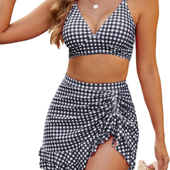 Women's Retro High Waisted Bikini Set in Black White Plaid, Size Large - Picture 1 of 6
